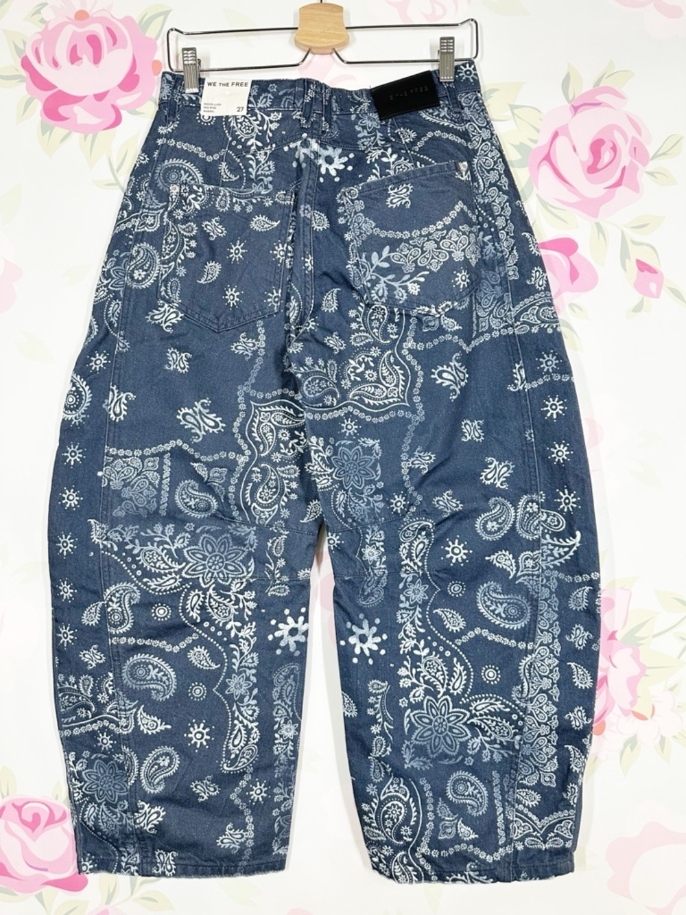 NEW Free People We The Free Good Luck Printed Navy Bandana Barrel Jeans 27 - Picture 10 of 14
